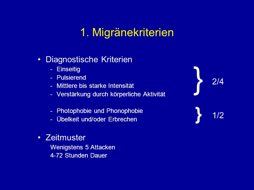} } 1. Migränekriterien Diagnostische Kriterien 2/4 Zeitmuster 1/2