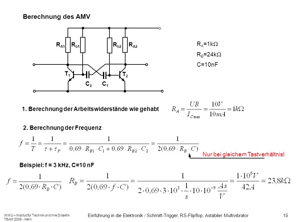 Berechnung des AMV RA1 C2 RA2 Rb2 Rb1 C1 T1 T2 RA=1k RB=24k C=10nF