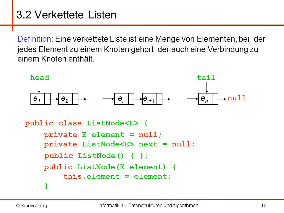 3.2 Verkettete Listen Definition: Eine verkettete Liste ist eine Menge von Elementen, bei der.