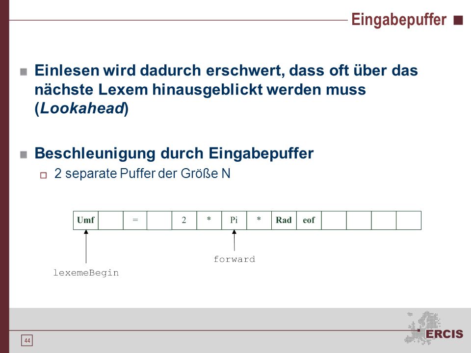 Eingabepuffer Einlesen wird dadurch erschwert, dass oft über das nächste Lexem hinausgeblickt werden muss (Lookahead)