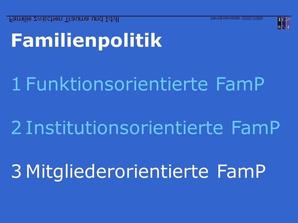 Familienpolitik Funktionsorientierte FamP Institutionsorientierte FamP Mitgliederorientierte FamP