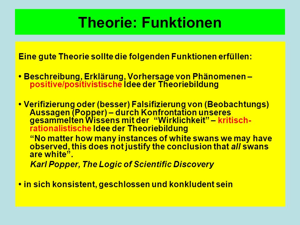 Theorie: Funktionen Eine gute Theorie sollte die folgenden Funktionen erfüllen: