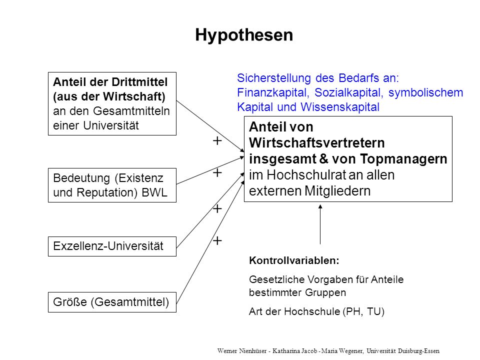 Hypothesen Sicherstellung des Bedarfs an: Finanzkapital, Sozialkapital, symbolischem Kapital und Wissenskapital.