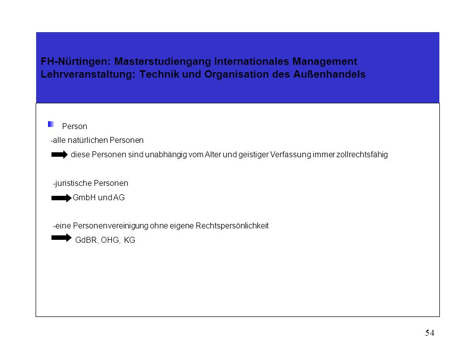 FH-Nürtingen: Masterstudiengang Internationales Management Lehrveranstaltung: Technik und Organisation des Außenhandels