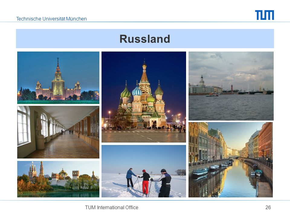 Russland Links: Oben Lomonosov Moscow State University; Mitte Saint-Petersburg State University; Unten Orthodoxe Kirche in Moskau.