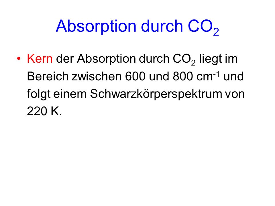 Absorption durch CO2 Kern der Absorption durch CO2 liegt im Bereich zwischen 600 und 800 cm-1 und folgt einem Schwarzkörperspektrum von 220 K.