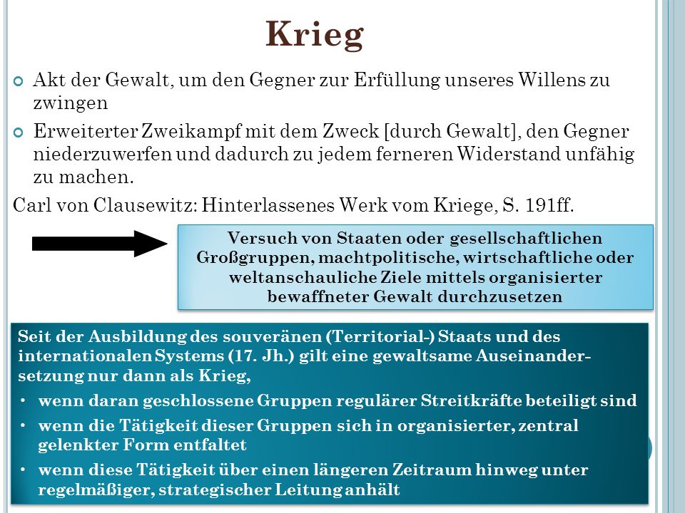 Krieg Akt der Gewalt, um den Gegner zur Erfüllung unseres Willens zu zwingen.