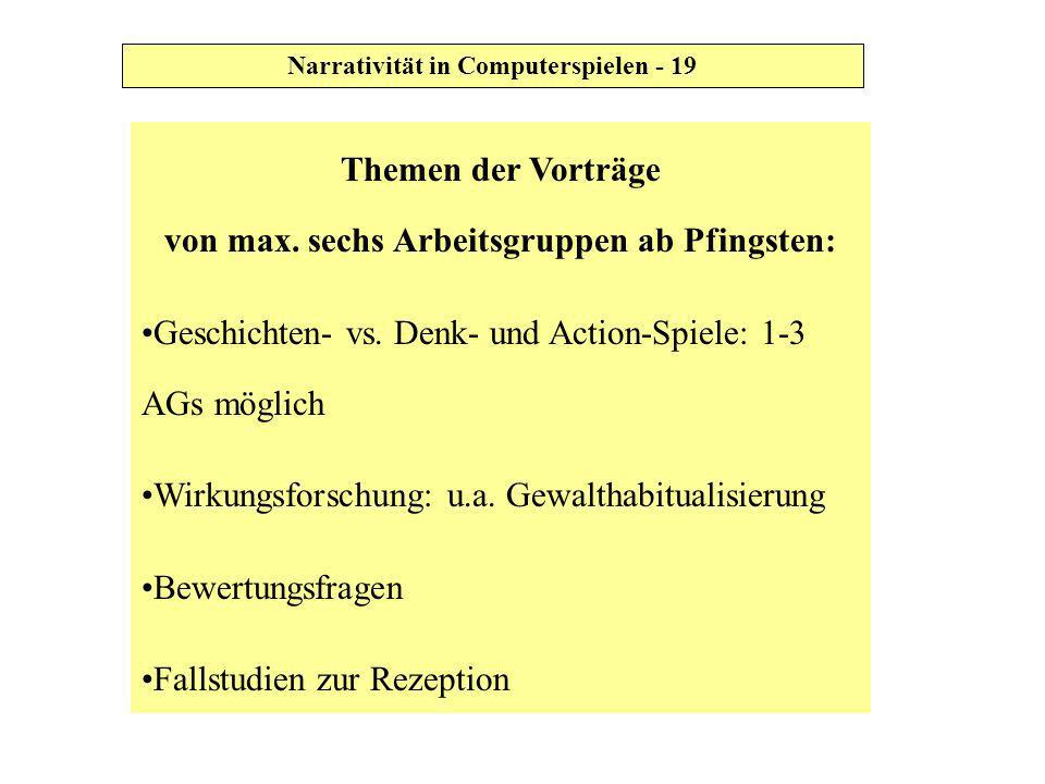 Themen der Vorträge von max. sechs Arbeitsgruppen ab Pfingsten: