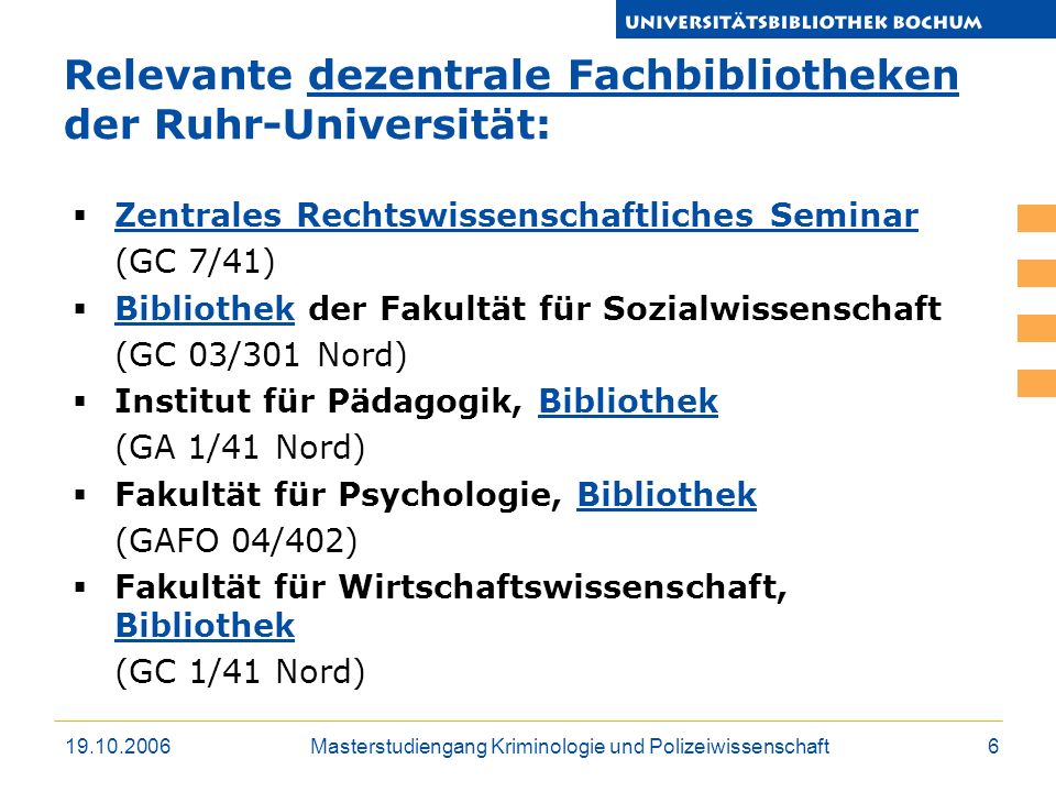Relevante dezentrale Fachbibliotheken der Ruhr-Universität: