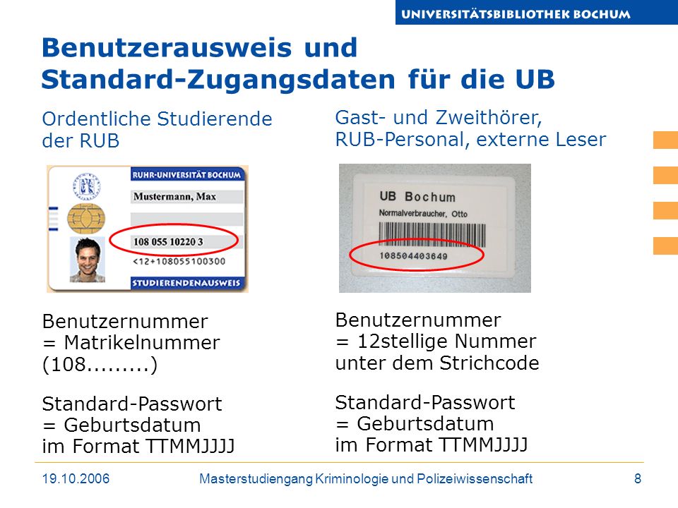 Benutzerausweis und Standard-Zugangsdaten für die UB