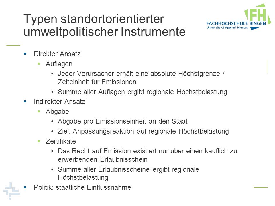 Typen standortorientierter umweltpolitischer Instrumente