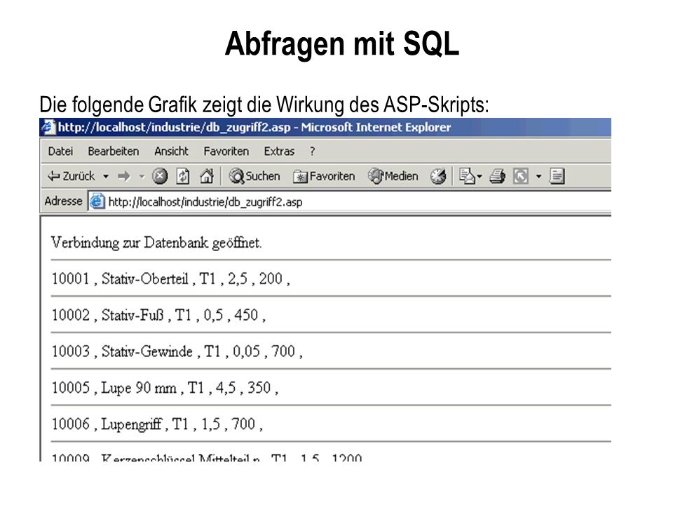 Abfragen mit SQL Die folgende Grafik zeigt die Wirkung des ASP-Skripts: