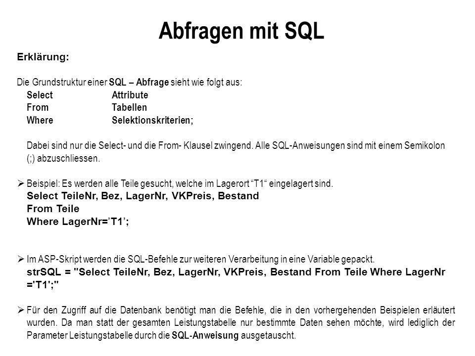 Abfragen mit SQL Erklärung: