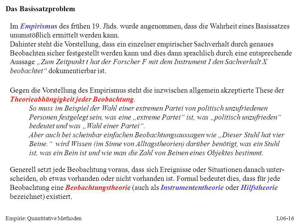 Das Basissatzproblem Im Empirismus des frühen 19. Jhds. wurde angenommen, dass die Wahrheit eines Basissatzes unumstößlich ermittelt werden kann.