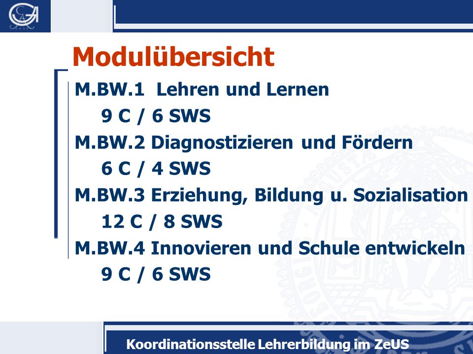 Modulübersicht M.BW.1 Lehren und Lernen 9 C / 6 SWS
