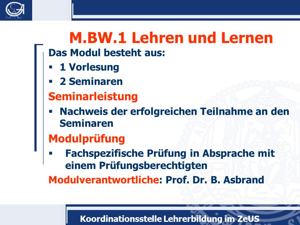 M.BW.1 Lehren und Lernen Seminarleistung Modulprüfung