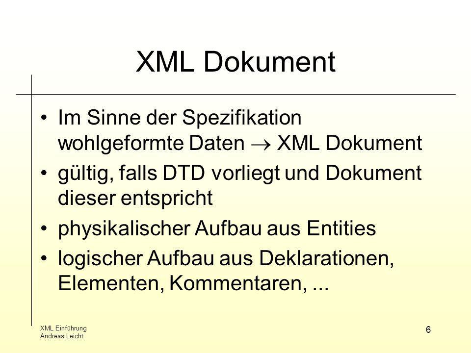 XML Dokument Im Sinne der Spezifikation wohlgeformte Daten  XML Dokument. gültig, falls DTD vorliegt und Dokument dieser entspricht.