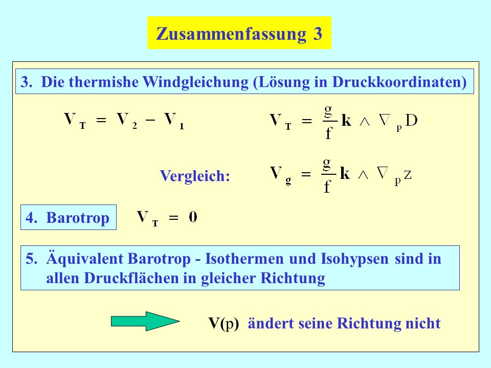 Zusammenfassung 3 3. Die thermishe Windgleichung (Lösung in Druckkoordinaten) Vergleich: 4. Barotrop.
