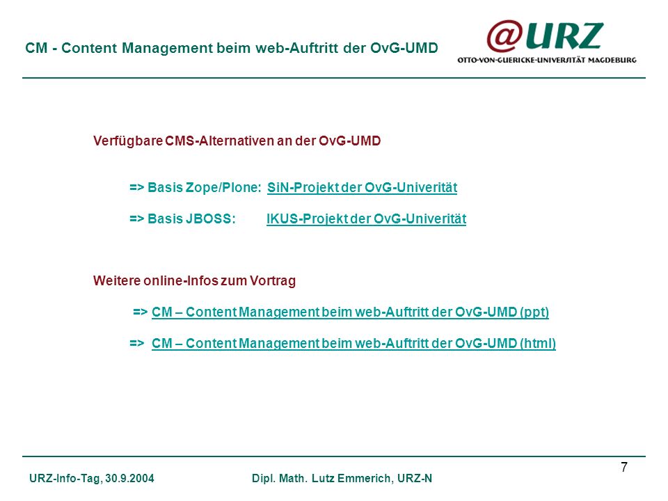 CM - Content Management beim web-Auftritt der OvG-UMD