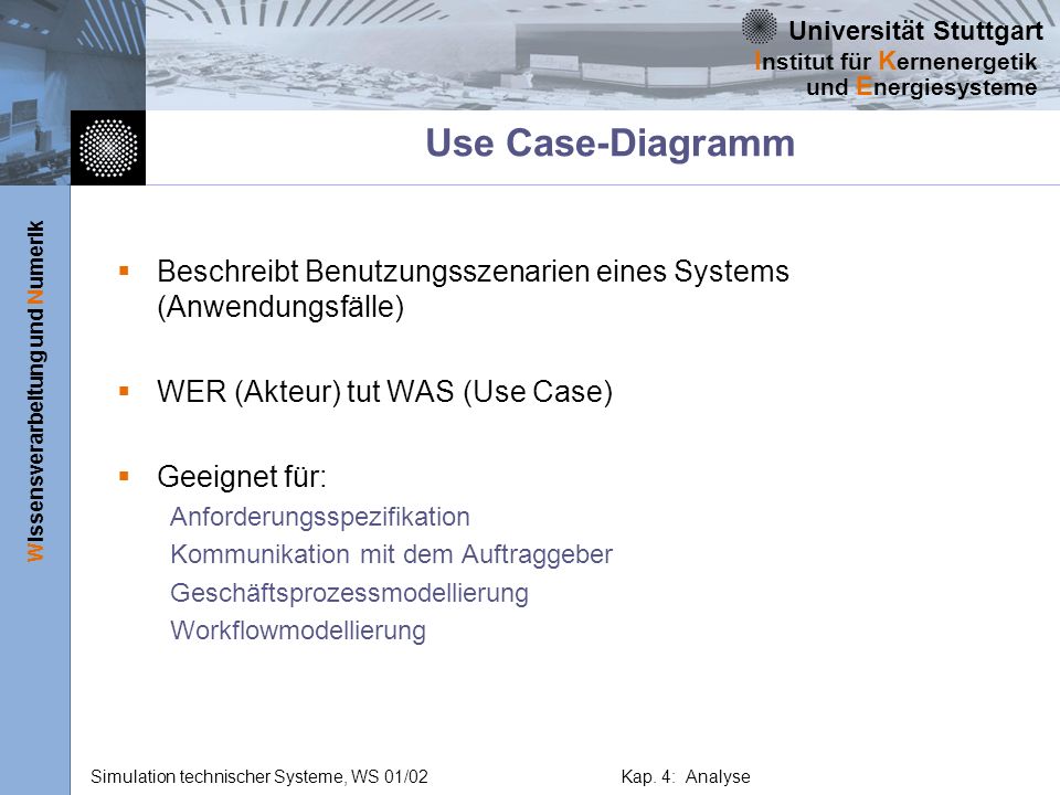 Use Case-Diagramm Beschreibt Benutzungsszenarien eines Systems (Anwendungsfälle) WER (Akteur) tut WAS (Use Case)