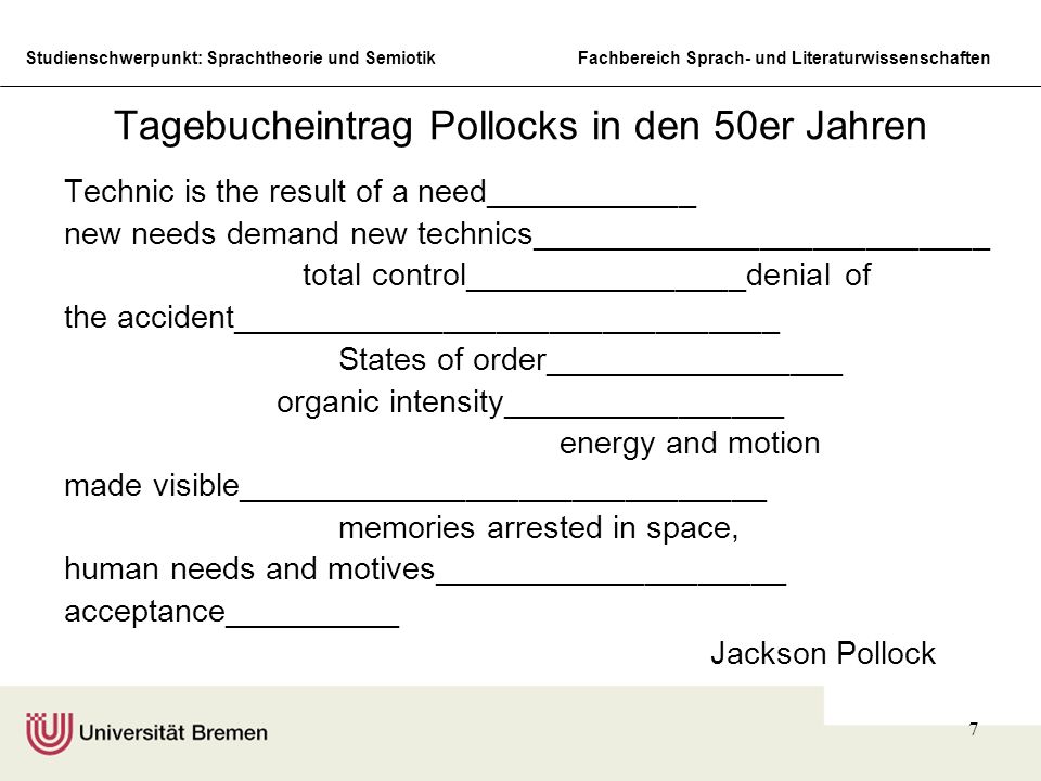 Tagebucheintrag Pollocks in den 50er Jahren