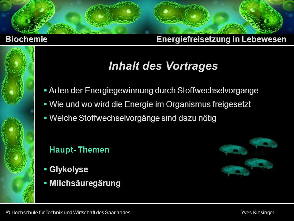 Inhalt des Vortrages Arten der Energiegewinnung durch Stoffwechselvorgänge. Wie und wo wird die Energie im Organismus freigesetzt.
