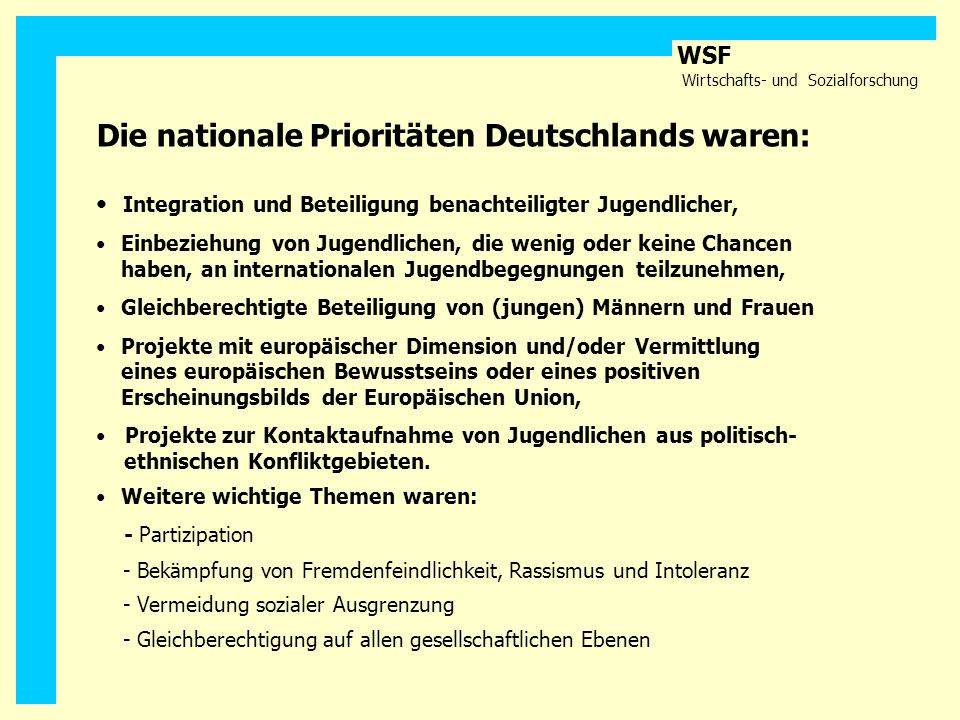 Die nationale Prioritäten Deutschlands waren: