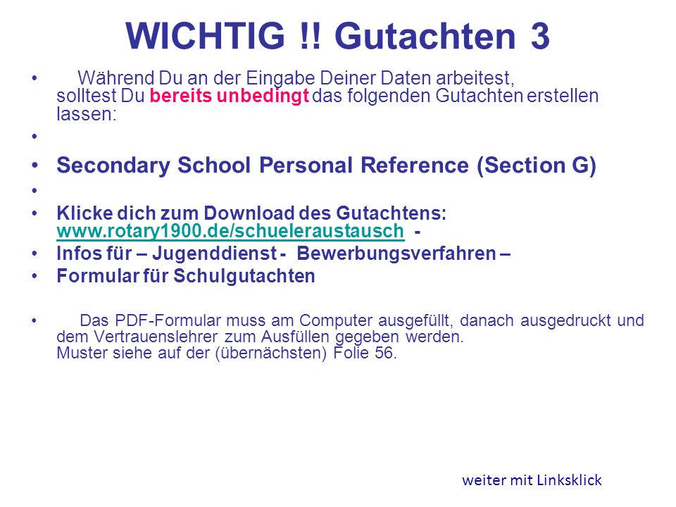 WICHTIG !! Gutachten 3 Secondary School Personal Reference (Section G)