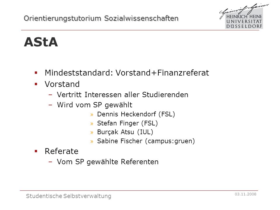 AStA Mindeststandard: Vorstand+Finanzreferat Vorstand Referate
