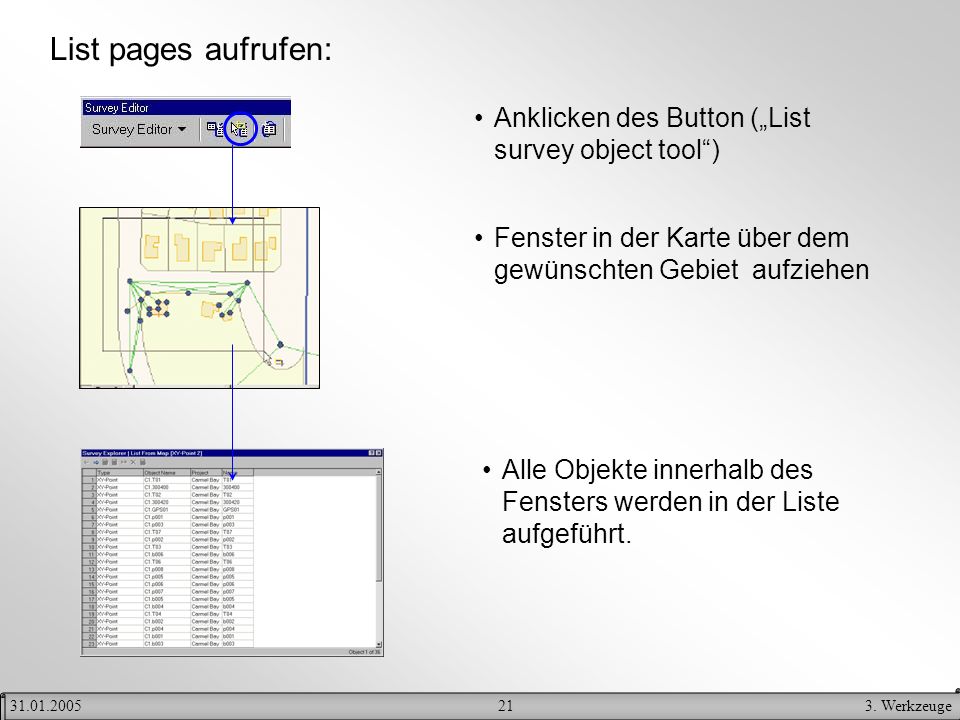 List pages aufrufen: Anklicken des Button („List survey object tool )