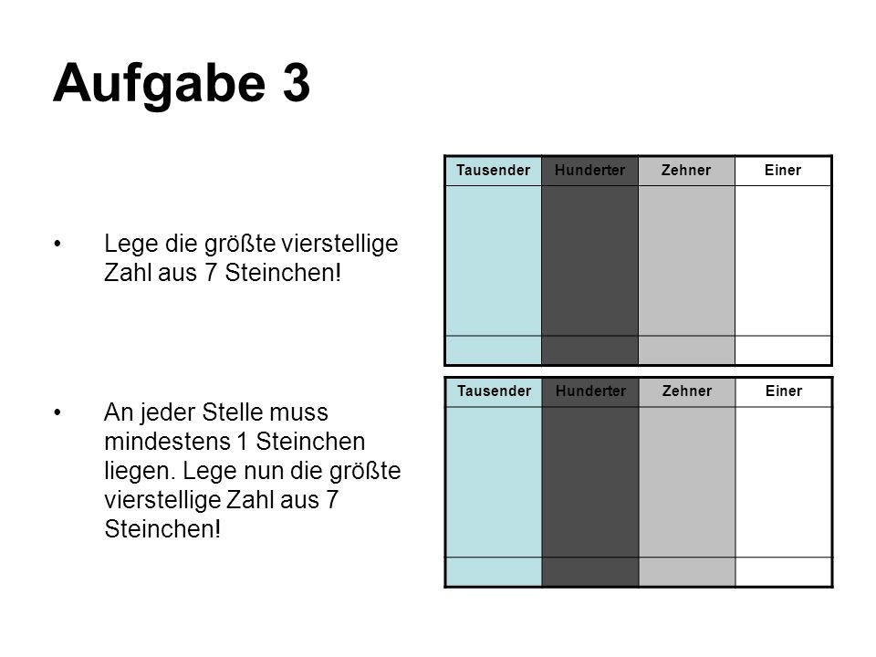 Aufgabe 3 Lege die größte vierstellige Zahl aus 7 Steinchen!
