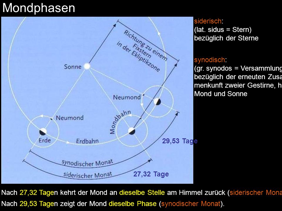 Mondphasen siderisch: (lat. sidus = Stern) bezüglich der Sterne