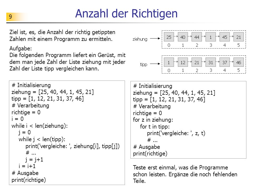 Anzahl der Richtigen Ziel ist, es, die Anzahl der richtig getippten Zahlen mit einem Programm zu ermitteln.