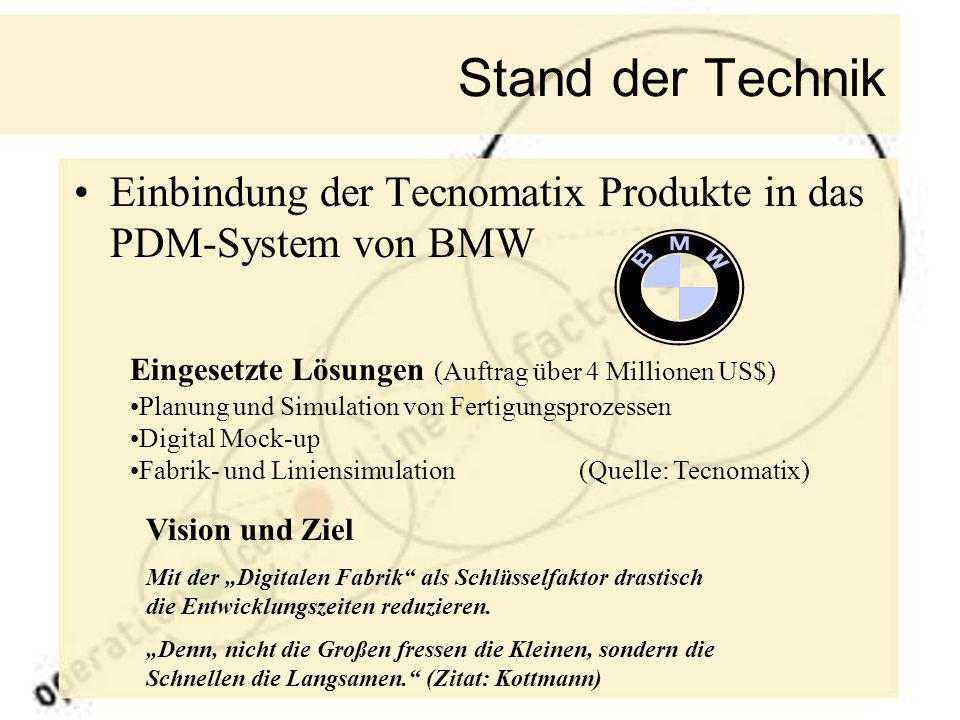 Stand der Technik Einbindung der Tecnomatix Produkte in das PDM-System von BMW. Eingesetzte Lösungen (Auftrag über 4 Millionen US$)