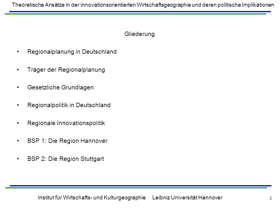 Gliederung Regionalplanung in Deutschland. Träger der Regionalplanung. Gesetzliche Grundlagen. Regionalpolitik in Deutschland.