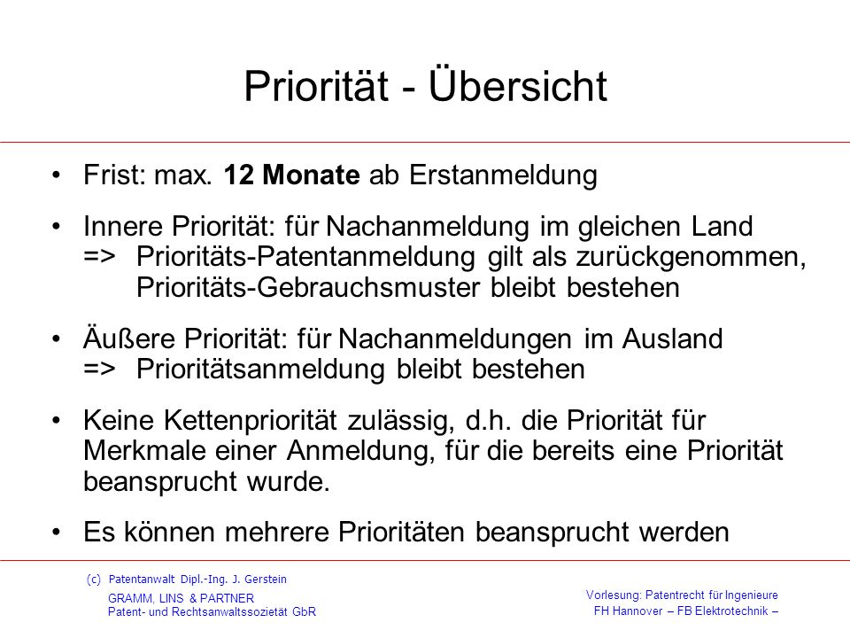 Priorität - Übersicht Frist: max. 12 Monate ab Erstanmeldung