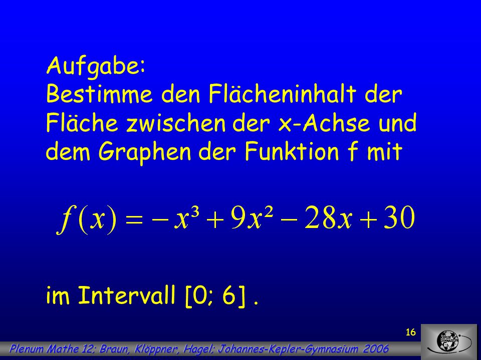 Aufgabe: Bestimme den Flächeninhalt der Fläche zwischen der x-Achse und dem Graphen der Funktion f mit im Intervall [0; 6] .