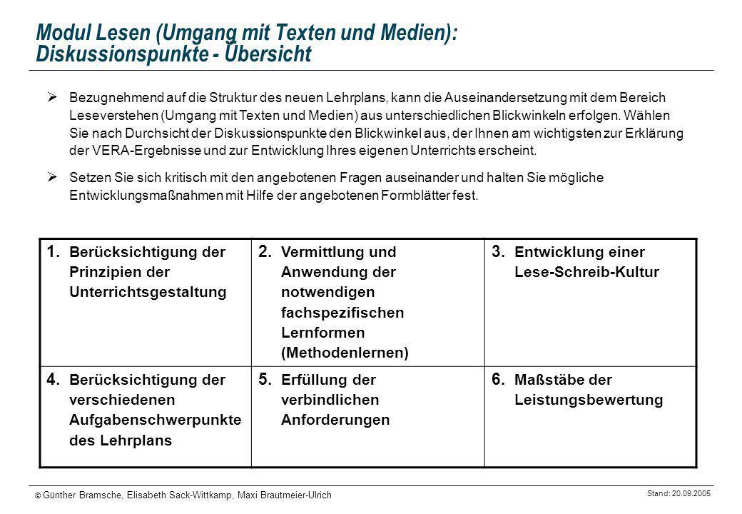 Modul Lesen (Umgang mit Texten und Medien): Diskussionspunkte - Übersicht