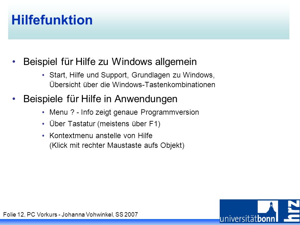 Hilfefunktion Beispiel für Hilfe zu Windows allgemein