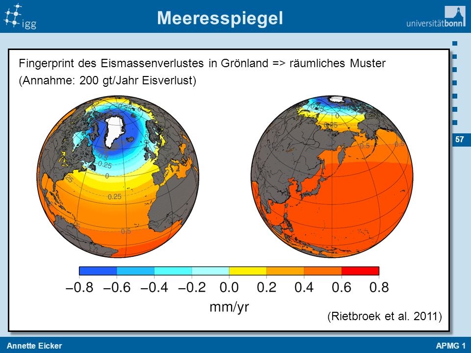 Meeresspiegel Fingerprint des Eismassenverlustes in Grönland => räumliches Muster. (Annahme: 200 gt/Jahr Eisverlust)