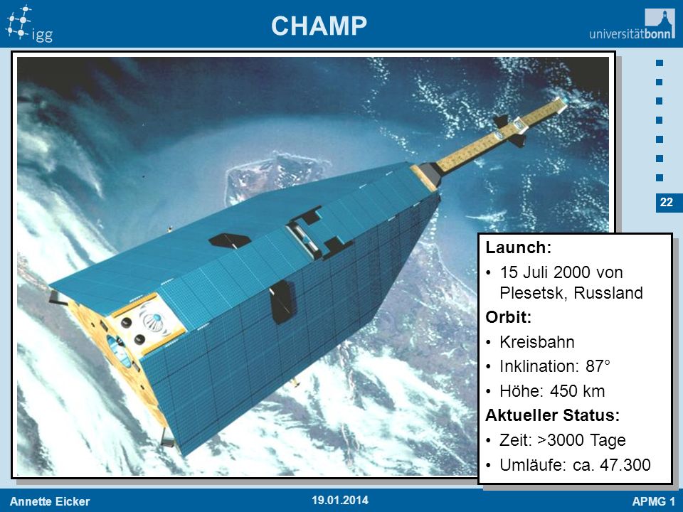 CHAMP Launch: 15 Juli 2000 von Plesetsk, Russland Orbit: Kreisbahn