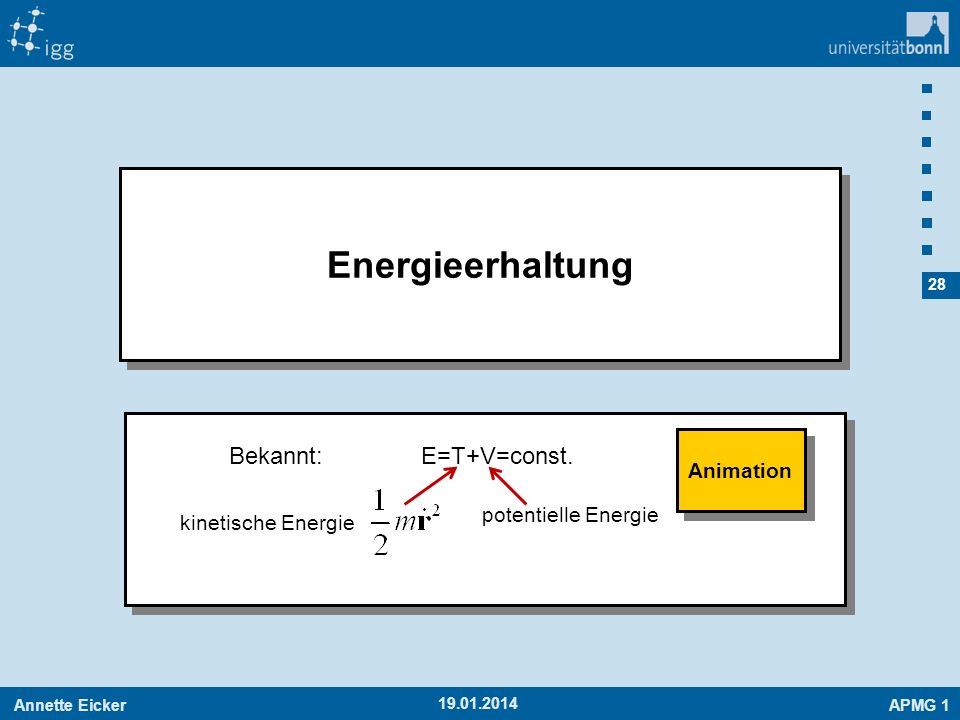 Energieerhaltung Bekannt: E=T+V=const. Animation potentielle Energie