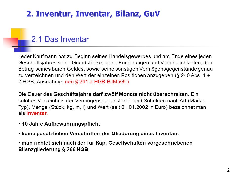 2. Inventur, Inventar, Bilanz, GuV