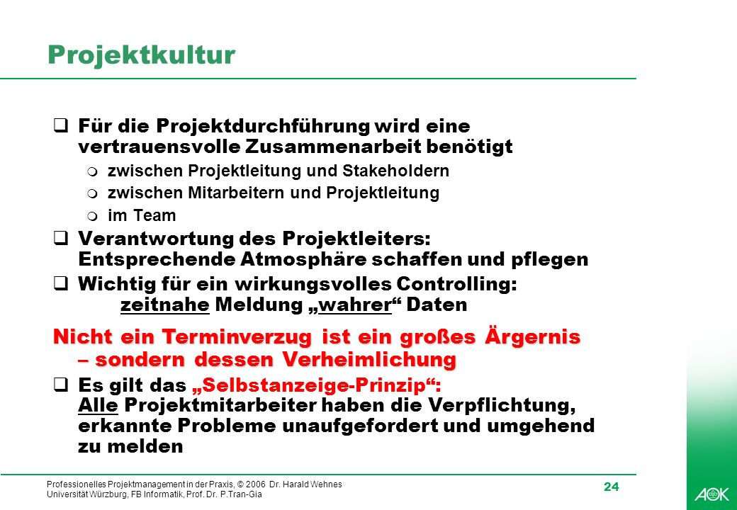 Projektkultur Für die Projektdurchführung wird eine vertrauensvolle Zusammenarbeit benötigt. zwischen Projektleitung und Stakeholdern.