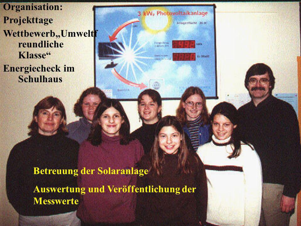 Organisation: Projekttage. Wettbewerb„Umweltfreundliche Klasse Energiecheck im Schulhaus. Betreuung der Solaranlage.
