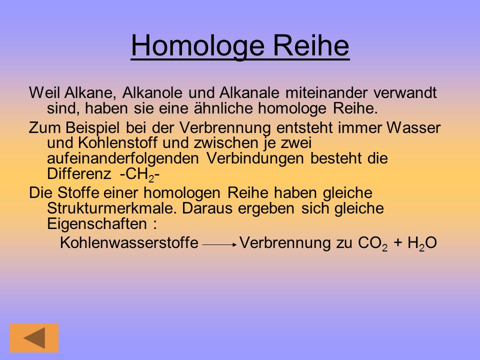 Homologe Reihe Weil Alkane, Alkanole und Alkanale miteinander verwandt sind, haben sie eine ähnliche homologe Reihe.