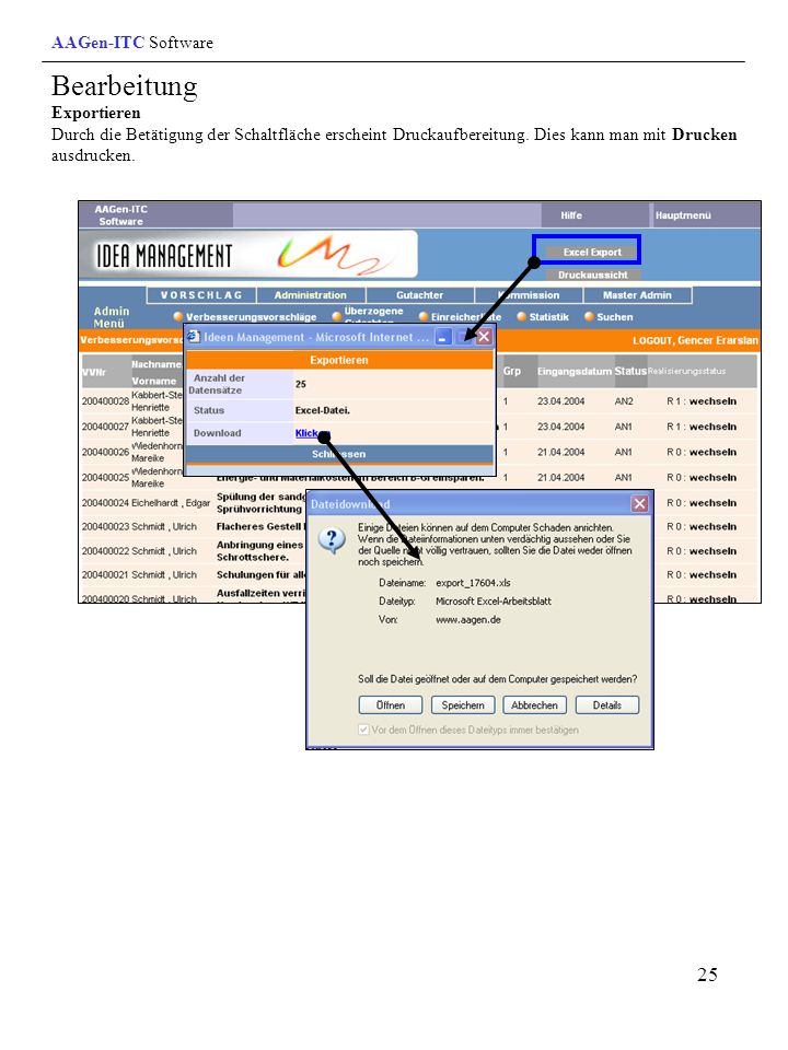 AAGen-ITC Software Bearbeitung Exportieren Durch die Betätigung der Schaltfläche erscheint Druckaufbereitung.