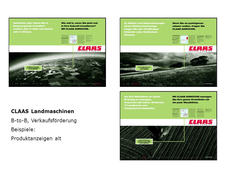 CLAAS Landmaschinen B-to-B, Verkaufsförderung Beispiele: Produktanzeigen alt