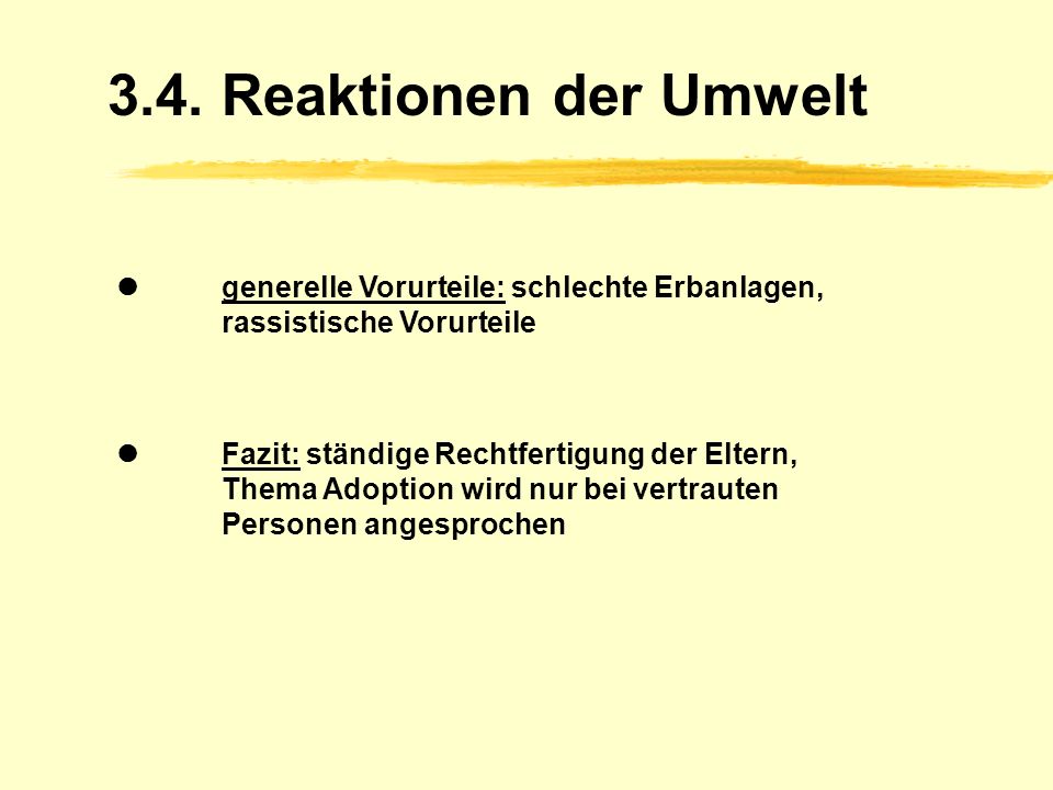 3.4. Reaktionen der Umwelt  generelle Vorurteile: schlechte Erbanlagen, rassistische Vorurteile.