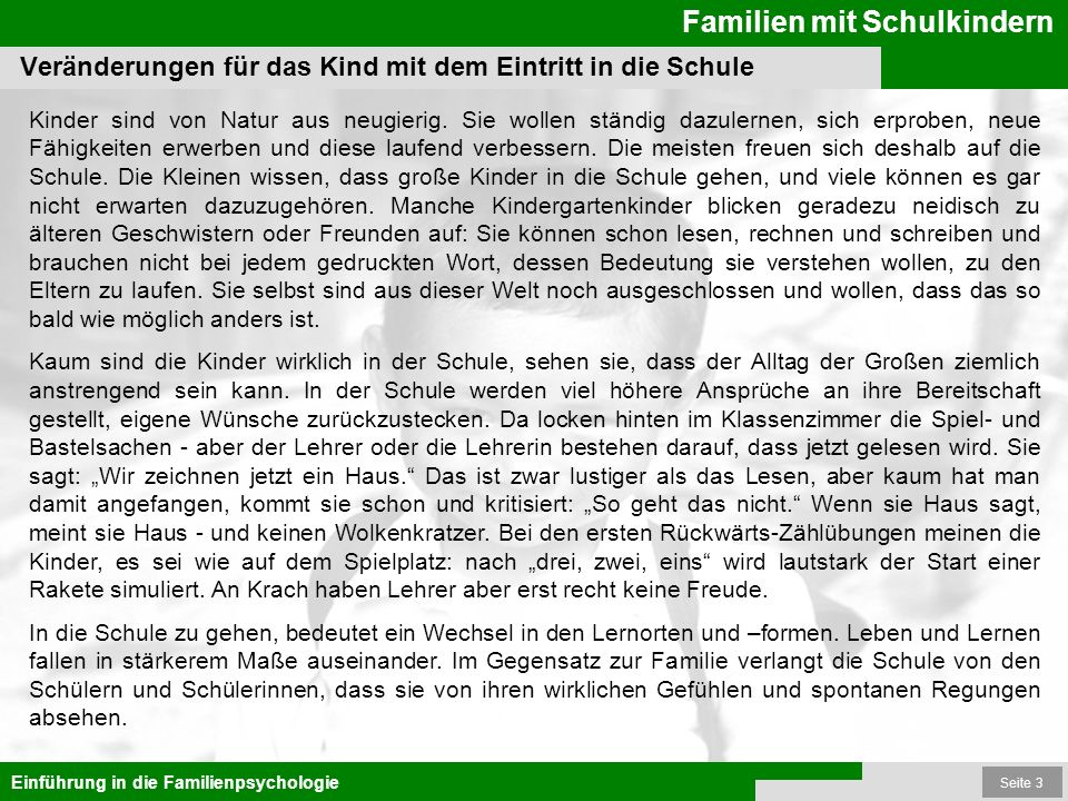 Veränderungen für das Kind mit dem Eintritt in die Schule